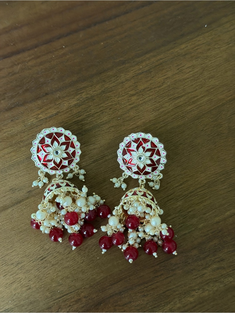Traditional Gold-Tone Red and White Jhumka Earrings